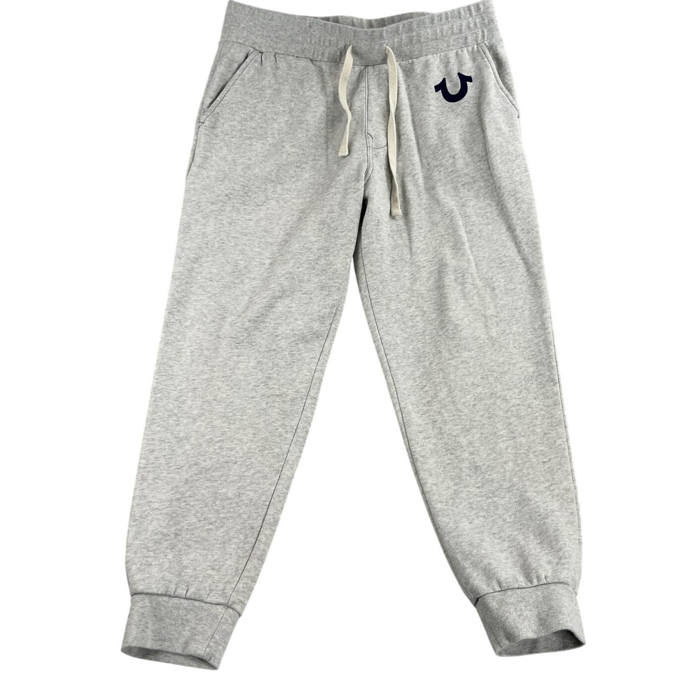 True Religion Horseshoe Logo Fleece Joggers L Gray Men Streetwear Sweatpants Y2K